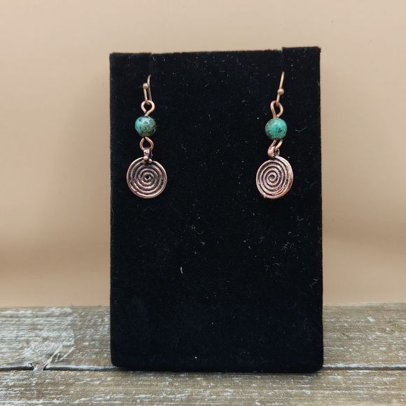 African Turquoise and Copper Spiral Drop Earrings - Picture 2 of 4